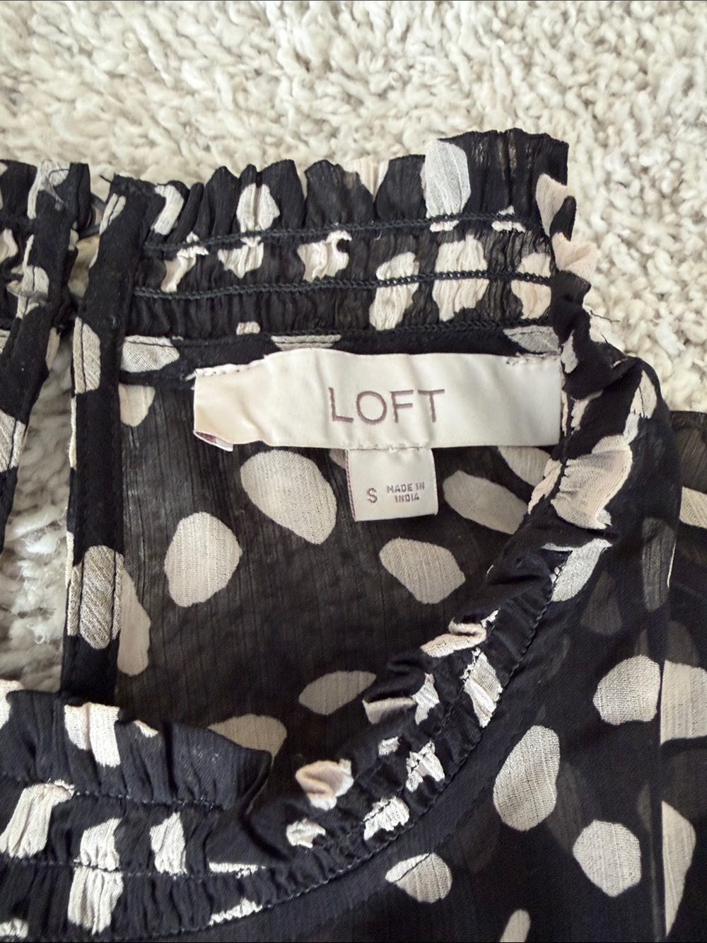 LOFT Black Blouse with Beige Spot Print and Ruffle Neck - Picture 2 of 8